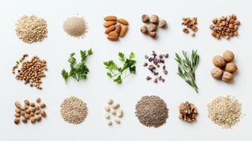 Various organic seeds, nuts, and herbs are neatly arranged on a white surface, providing ample space for customized text or branding. photo