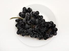 A branch of black grapes on a white plate. photo