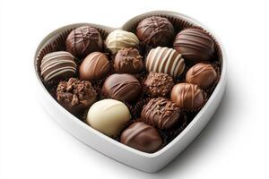 Heart shaped box filled with an assortment of gourmet chocolates photo