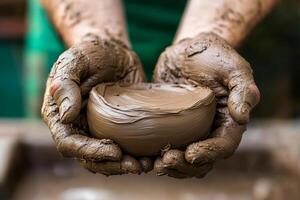 Muddy hands shaping clay into a circular form photo