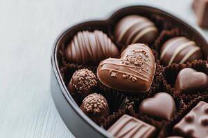 Heart shaped box filled with an assortment of gourmet chocolates photo