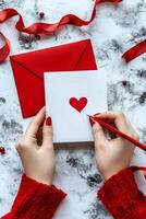 Hands creating message on a card with a red heart, surrounded by ribbon accents photo