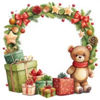 Cute Teddy Bear Sitting in a Christmas Wreath Frame png