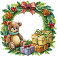 Christmas Frame Decorated with Teddy Bear and Lights png