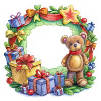 Christmas Frame with a Teddy Bear and Evergreen Branches png