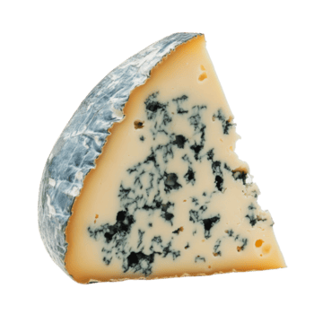 un cuña de azul queso en un blanco antecedentes exhibiendo sus cremoso textura y distinto molde patrones png
