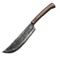 Rustic knife with a wooden handle lying on a white background, showcasing an aged and rugged appearance png