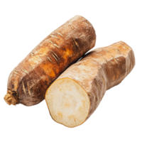 Fresh taro root on a white background, showcasing its rough exterior and inner texture png