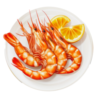 Freshly cooked shrimp served with a slice of lemon on a white plate png