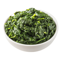 Freshly prepared spinach served in a white bowl, highlighting its vibrant green color and texture png