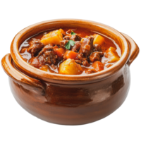 Hearty beef stew with vegetables in a clay pot on a white background png