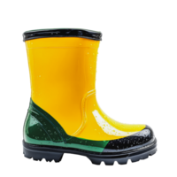 Bright yellow and green rain boot on a white background with water droplets png