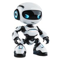Small humanoid robot with blue accents standing on a white background, showcasing futuristic design features png