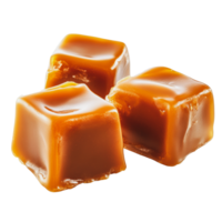 Sweet caramel cubes on a white background, showcasing their glossy texture and rich color, perfect for desserts or confections png