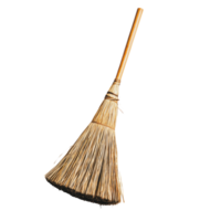 A traditional straw broom with a wooden handle resting on a plain surface, ready for sweeping tasks png