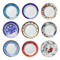 Vintage decorative plates arranged in a grid png