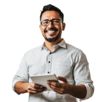 Smiling man holding a tablet in a bright setting png