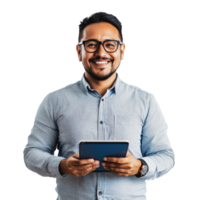 Smiling man holding a tablet in a bright setting png