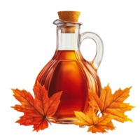 Maple syrup in a glass jar with autumn leaves png
