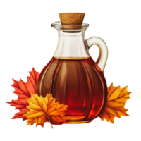 Maple syrup in a glass jar with autumn leaves png