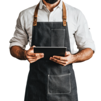 Man in apron with tablet on white png
