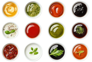 A variety of colorful sauces arranged neatly in small bowls, cut out - stock . png