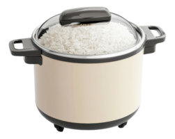 Rice cooker filled with fluffy white rice on a kitchen countertop, cut out - stock . png