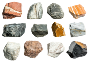 A collection of various rocks and minerals showcasing different colors and textures, cut out - stock . png