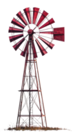 A rusted windmill stands tall against a white background in a rural setting, cut out - stock . png
