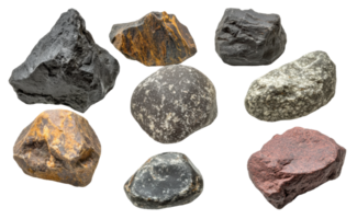 Collection of various rock specimens displaying different colors and textures, cut out - stock . png