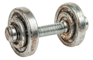 Rusty dumbbell on a white background highlighting wear and tear from years of use, cut out - stock . png