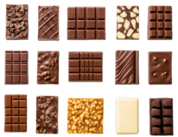 Assorted chocolate bars arranged in a grid pattern, showcasing various textures and flavors, cut out - stock . png