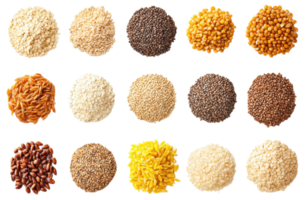 Different varieties of grains and seeds displayed in circular arrangements, cut out - stock . png