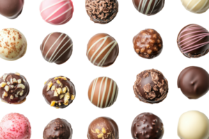 Assorted chocolate truffles arranged in a neat grid, cut out - stock . png