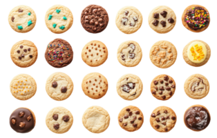 Assorted cookies showcasing various flavors, toppings, and shapes arranged in a grid pattern, cut out - stock . png