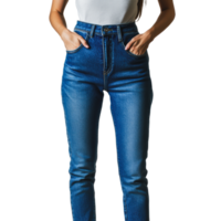 Woman wearing high-waisted blue denim jeans and a light top, posing in a studio setting against a white background png