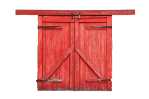 Weathered red barn doors with rustic charm, displayed against a bright background png