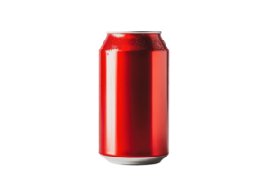 Bright red soda can on a white background, showcasing condensation droplets in a studio setting png