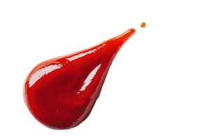 Red sauce drop on white background, capturing the glossy texture and vibrant color png