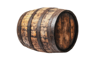 Wooden barrel crafted from aged timber, showcasing a rustic finish, positioned on a white background png