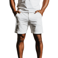 A man stands confidently with hands in his pockets, wearing white shorts and a plain t-shirt against a white background png