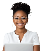 Young woman with glasses smiles while working on a laptop against a plain background, cut out - stock . png