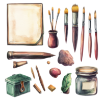 Art supplies and tools arranged on a white background with brushes, paper, and a jar of paint for creative projects, cut out - stock . png