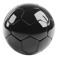 A shiny black soccer ball with hexagonal patterns against a white background, cut out - stock . png