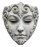 Decorative stone mask with intricate carvings displayed against a white background, cut out - stock . png