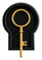 Golden key inserted into a black keyhole design png