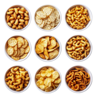 Assorted snacks in bowls arranged on a table png