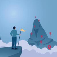 A man holding a flag standing looking far away at the top of a mountain, an illustration for exploring business, market prediction, journey to success. vector