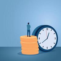 A man standing on coins looking at a large clock, an illustration of buying time. vector