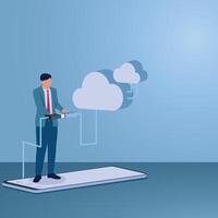 A man connects a smartphone to cloud storage, an illustration for cloud computing. vector